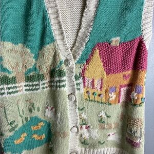 Hand-Knit Pastel Cottage V-Neck Sweater Vest - Cream & Teal Vintage P Galli